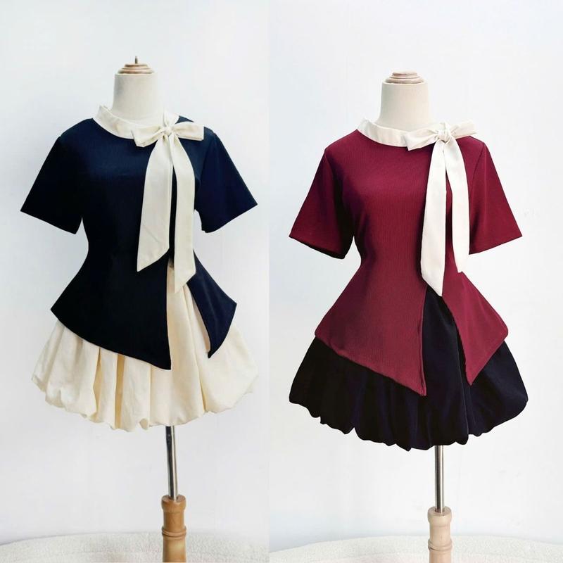 Set Tiểu Thư Bigsize Nữ Áo Tay Ngắn Phối Nơ Tà Xẻ Cổ Xinh Vải Ruby Kèm Chân Váy Bí Ngắn Bồng Chất Lụa Xoa Mềm Mịn - SET935