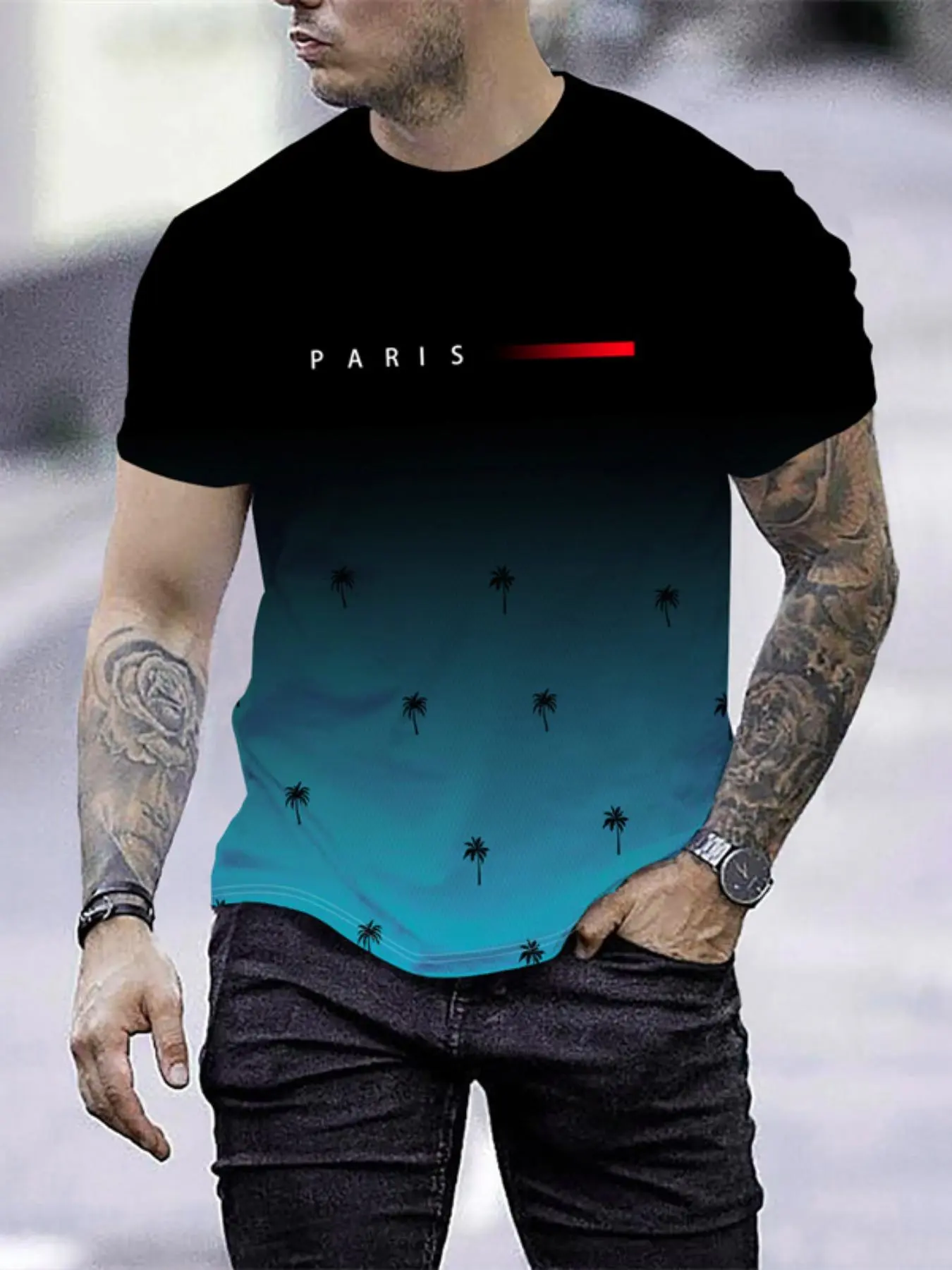 Men's Ombre & Letter Print Round Neck Tee, Regular Fit Casual Short Sleeve Crew Neck T-shirt for Summer, Fashion Men's Top for Daily Wear, Graphic Tees