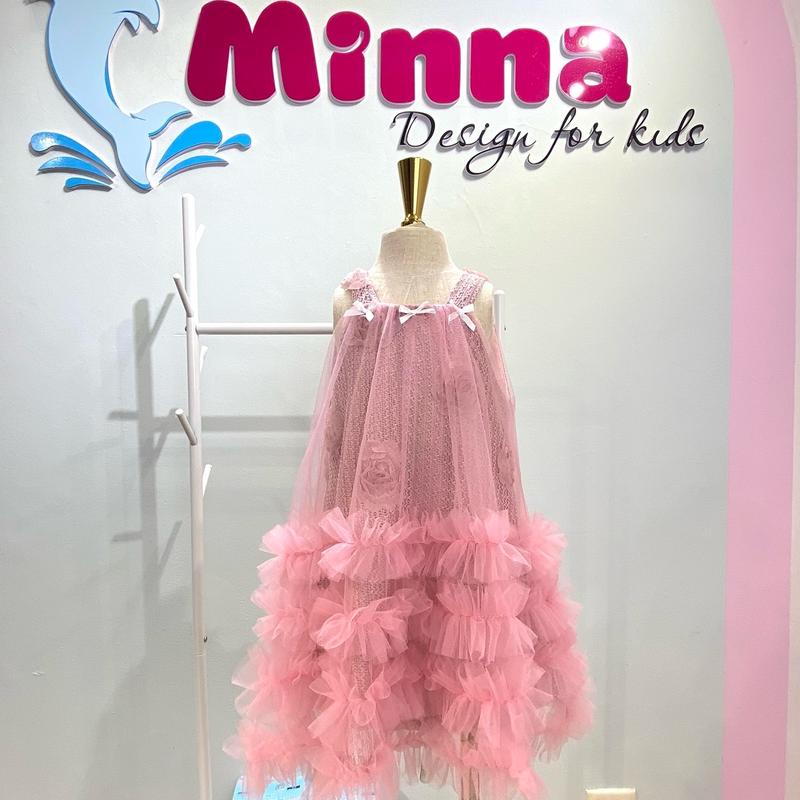 Váy hai dây lưới ren thêu hoa nổi sang chảnh cho bé gái Minna fashion for kids (9-27kg) Kem cô dâu đầm dự tiệc cưới trẻ em Giặt bằng nước lạnh Slim-fitting váy váy  tết 1