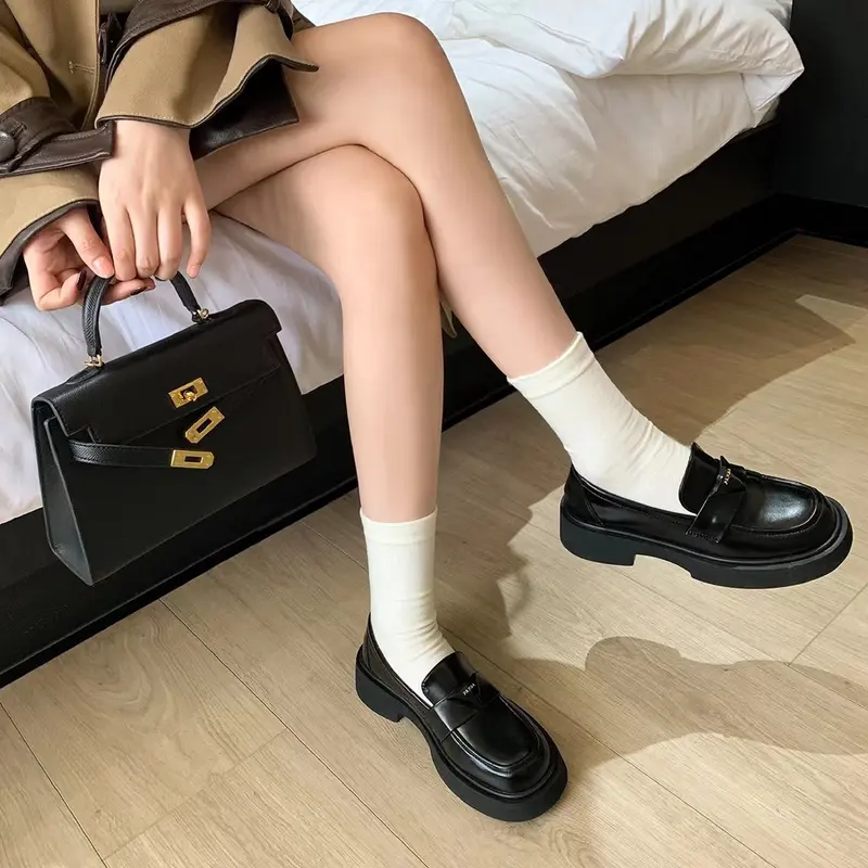 Tất Cổ Cao Nữ，Vớ cotton Cổ Cao Nữ Hàn Quốc Gân Trơn Nhiều Màu Kem Trắng Đen TATNU09 7