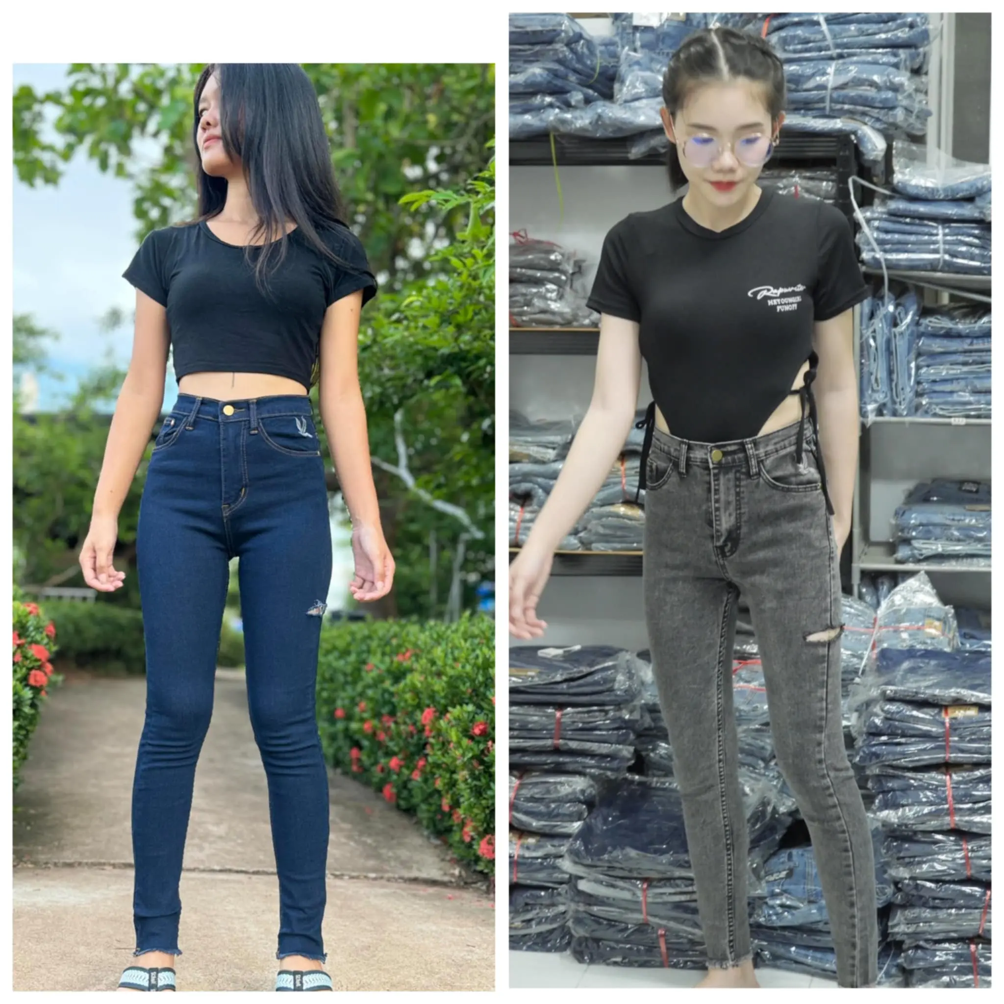 รหัส k73 กางเกงยีนส์ขาเดฟแต่งขาดข้างสีดำฟอก-สียีนส์เข้ม ผ้ายืดความยาว 37 นิ้ว กางเกงยีนส์แฟชั่นผู้หญิง กางเกงยีนส์ยอดนิยม