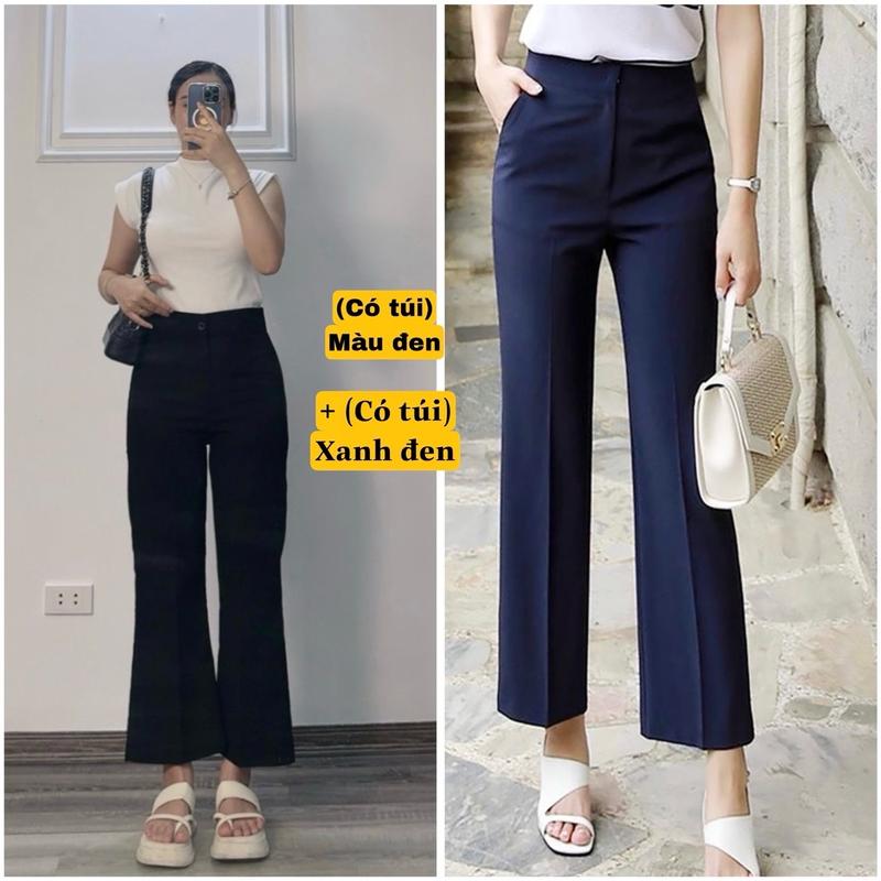 (966- Combo) 2 CHIẾC QUẦN DÀI Ống vẩy loe nhẹ ống chân màu đen và xanh đen có túi 2 bên vảo tuyết mưa vitex Nữ Women