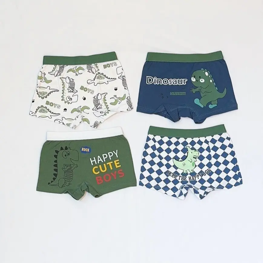 Set 4 quần chip đùi khủng long xanh lá chất liệu cotton cao cấp mềm thấm hút mồ hôi, đáy lót 2 lớp, size 13-45kg