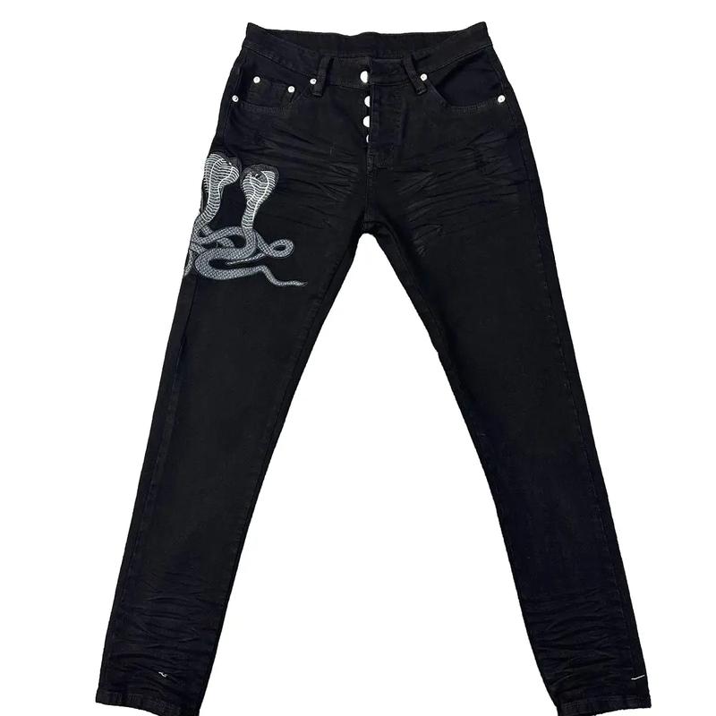 Quần tam thái tử jean nam đen trơn thêu ba con rắn ép 3D dập nổi phom ôm chân ,Menswear Pants quanjeans namsale jean dx quần jean vladak vá quần purple quần jean