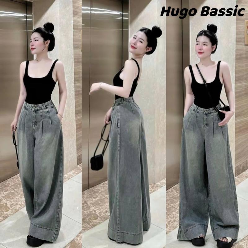 Quần Jean Nữ Ống Rộng Lưng Cao Xếp Ly Trước Hot Trend 2024 - hugobasssic - Women, Voi Pants Ong Xanh Kem Baggy