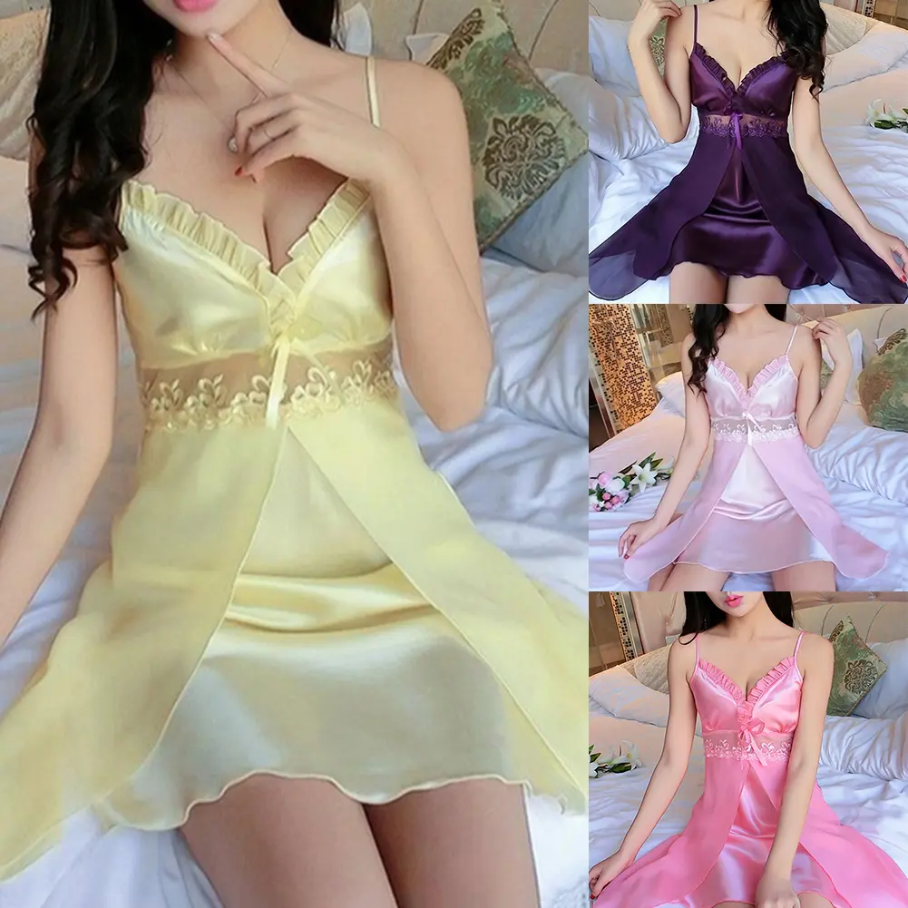 canresi@Women Sexy Perspective Floral Lace Solid Color Nightgown Deep V Strap Sleepwear
