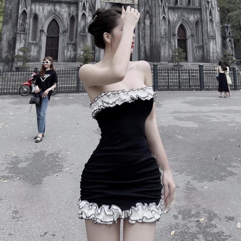  Đầm body ống gân phối bèo có mod ngực Nữ Women Màu Đen 