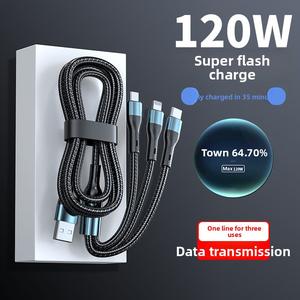 Ultra durable braided 120W charging cable, ultra fast 3 in 1 Type C fast charger, three port car charger set compatible with Huawei and general devices