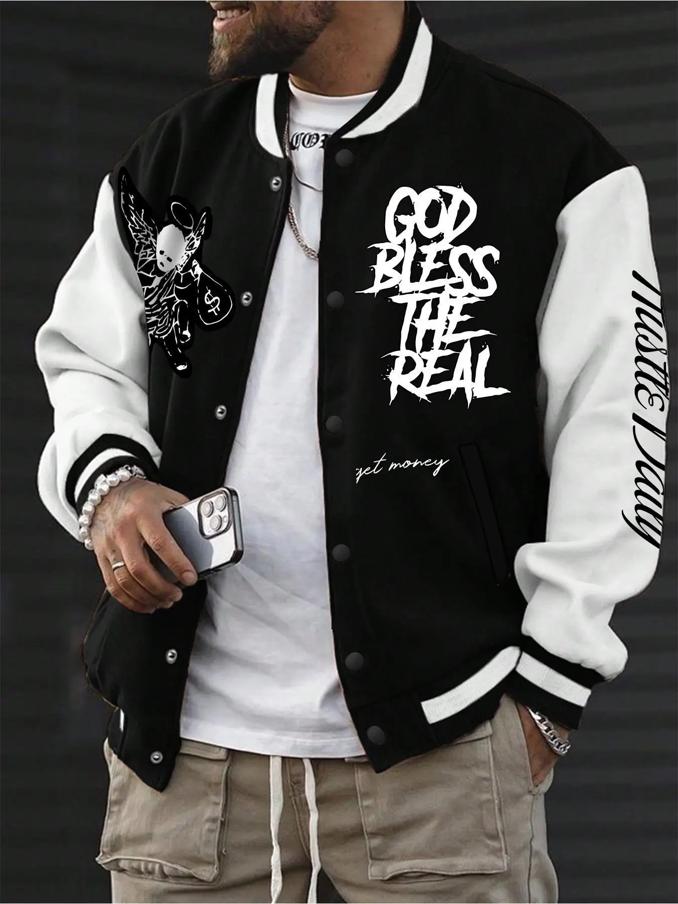 【Plus Size】 Colorblock Letter Print Drop Shoulder Varsity Jacket, Casual Comfy Baseball Collar Long Sleeve Outerwear for Daily Wear, Men's Clothes for Fall & Winter