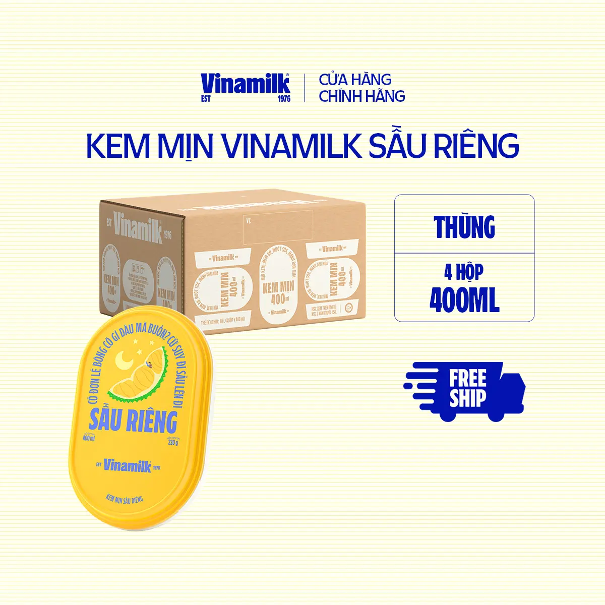 [CHỈ GIAO THÀNH PHỐ LỚN BÁN KÍNH 10KM] Thùng 4 hộp Kem mịn Sầu riêng hộp 400ml