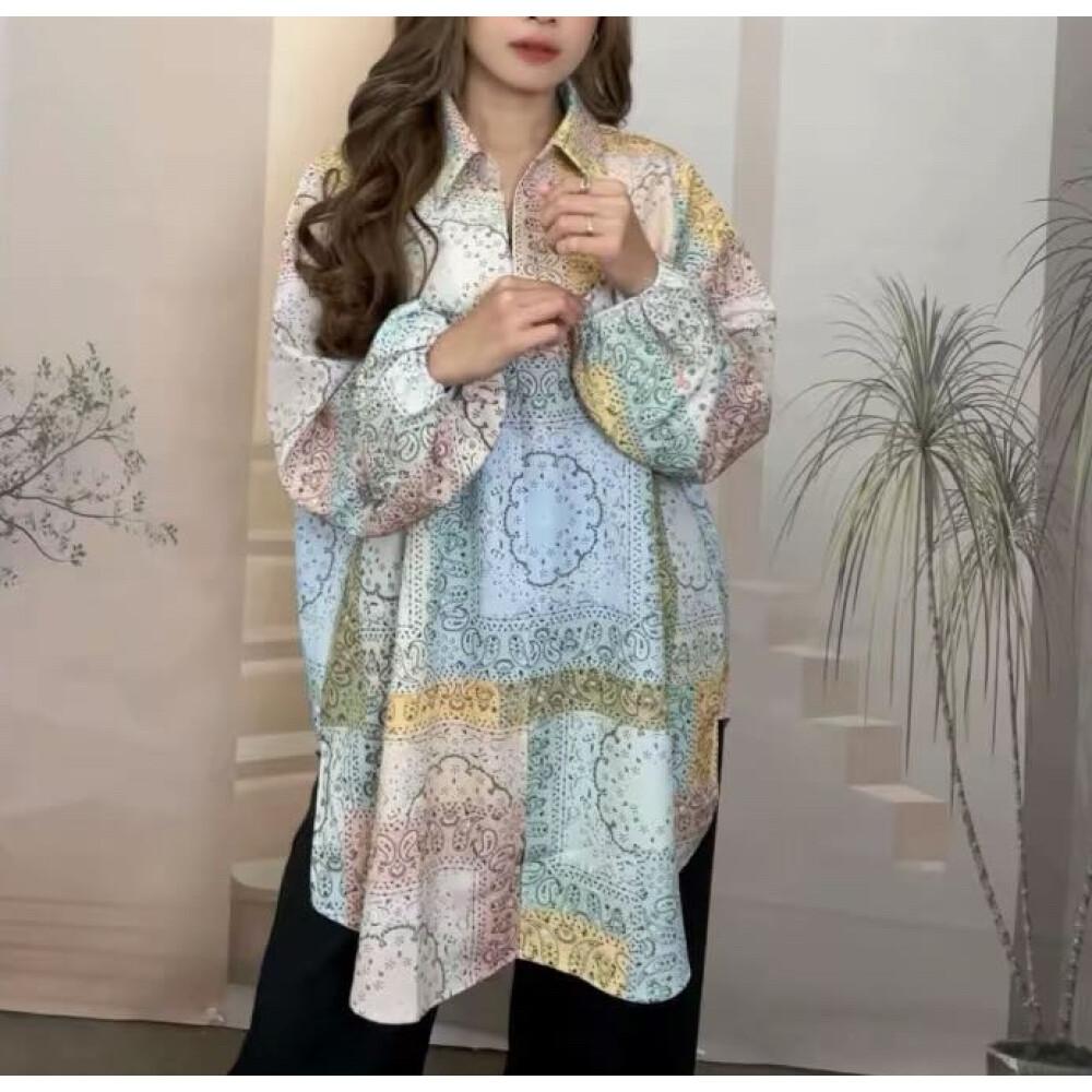 Asaya Atasan gaya retro kerah v model longgar motif cetak untuk wanita