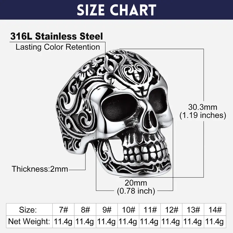 FaithHeart Masculine Skull Ring Stainless Steel Skull Skeleton Band Biker Ring for Men Springtok 7