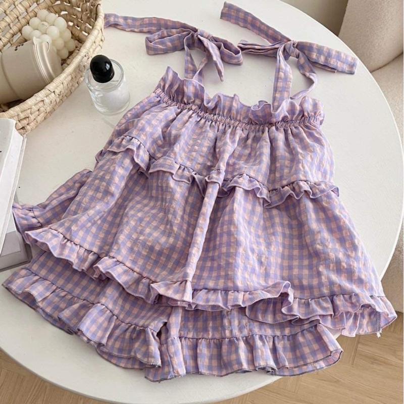 Set đồ ngủ hai dây pijama bèo tầng họa tiết caro chất đũi xốp hàn Áo đồ  ngủ nữ babydoll