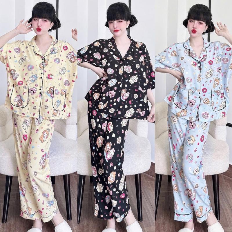 Đồ ngủ Bigsize 50-100kg dài cánh rơi chất lụa hàn mềm mát, áo form rộng tay lỡ quần dài dễ thương  Nhung Nữ Voi lưng mặc dobo pijama pijama  lụa cổ pijama  lụa sen mango