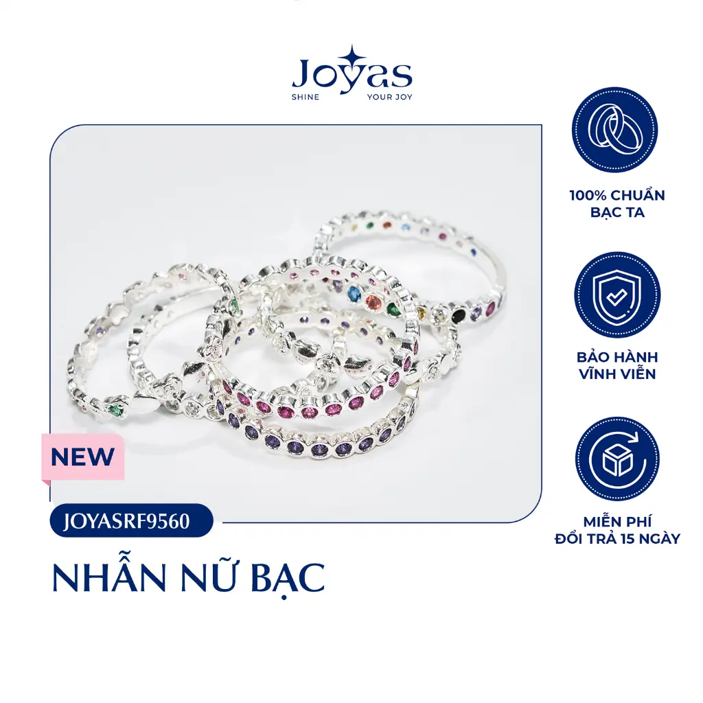 Nhẫn nữ bạc ta Joyas - Nhẫn bạc nữ đá CZ tròn nhiều màu - JOYASRF9560