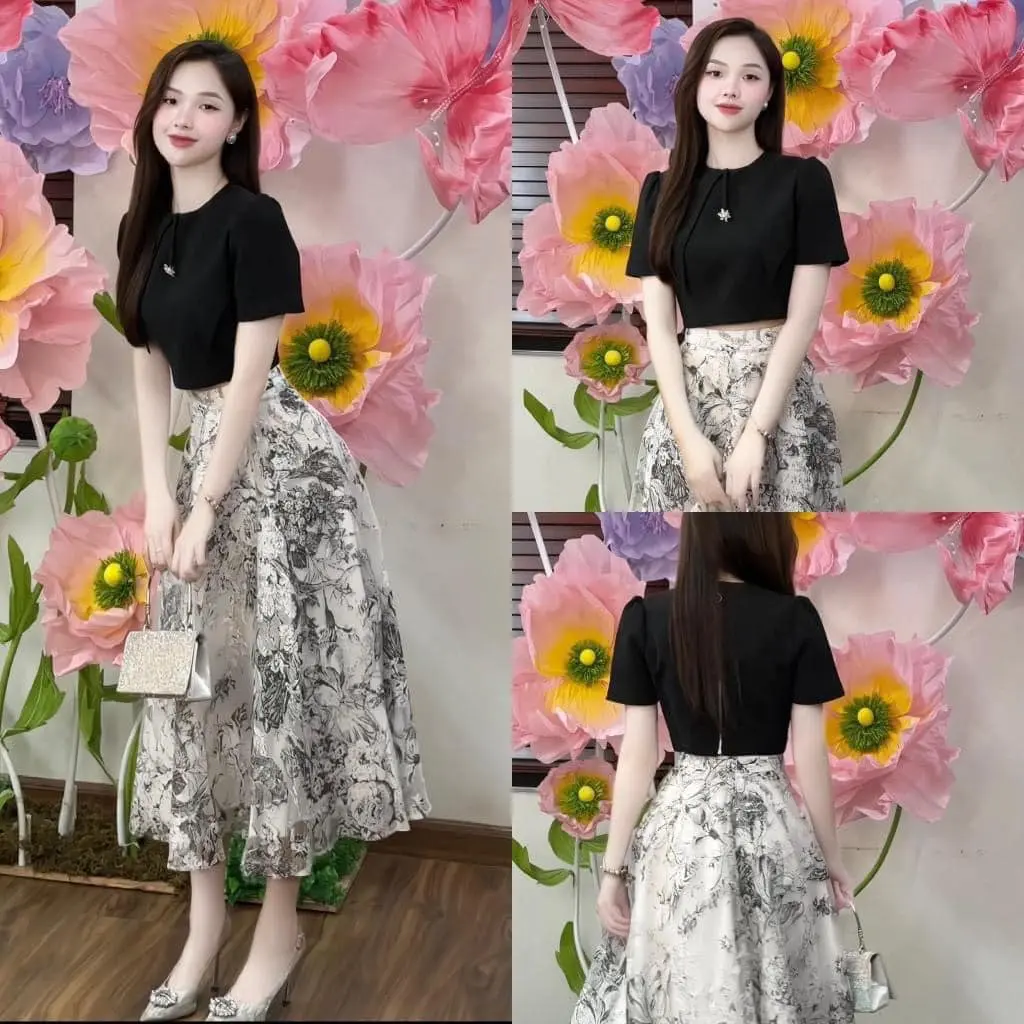 A11 váy thiết kế áo đen chéo biên + váy tơ voan in hoa lót lụa mềm
