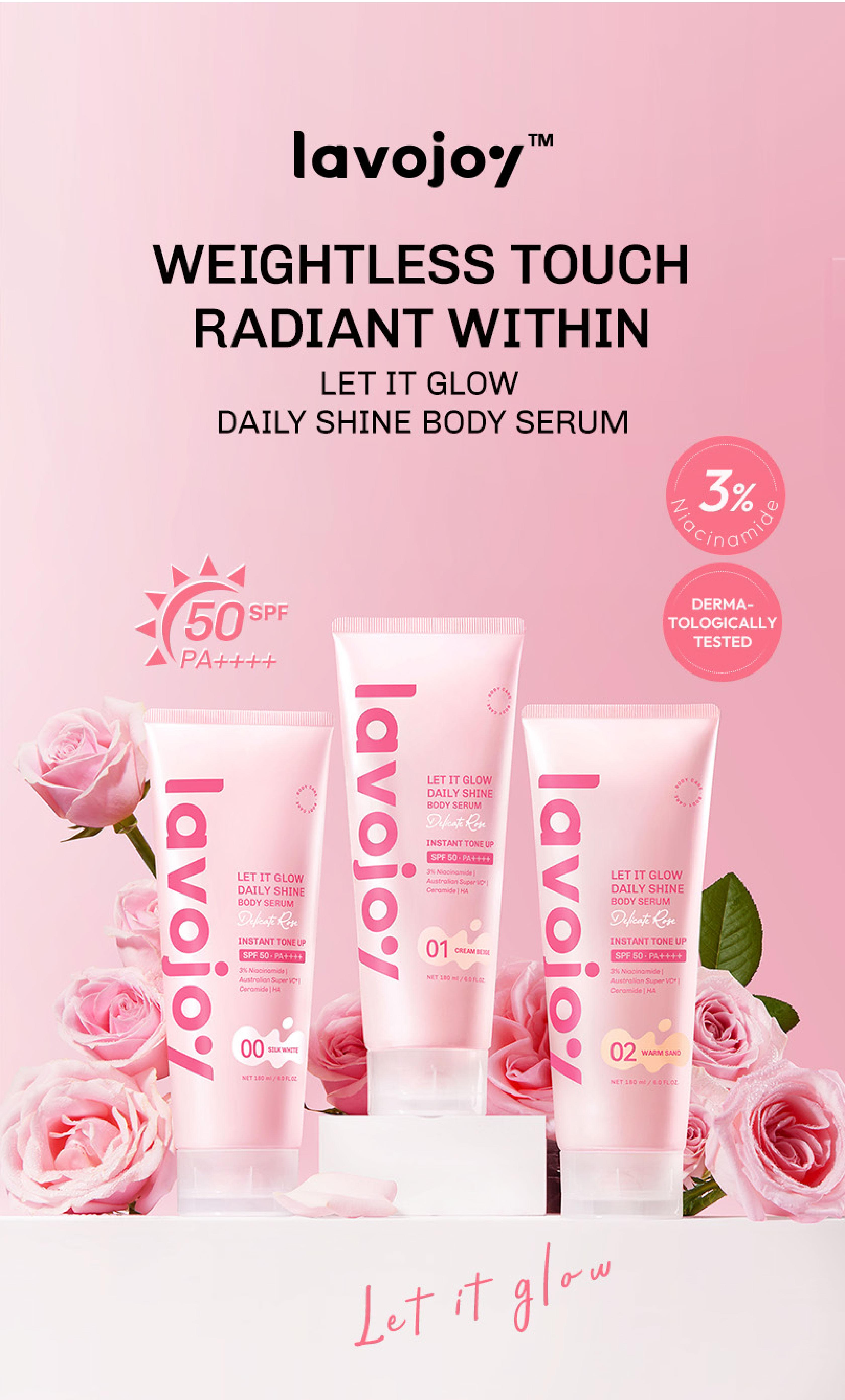 Lavojoy Let It Glow Daily Shine Body Serum Instant Tone Up Delicate Rose with SPF 50PA++++ | Body Serum untuk Perlindungan Sinar UV | Mencerahkan Seketika & Melembapkan Kulit dengan 3% Niacinamide + Australian Super VC + Ceramide Lavojoy Let It Glow Daily Shine Body Serum Instant Tone Up Delicate Rose with SPF 50PA++++ | Body Serum untuk Perlindungan Sinar UV | Mencerahkan Seketika & Melembapkan Kulit dengan 3% Niacinamide + Australian Super VC + Ceramide