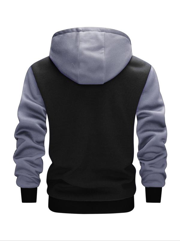 Men's Colorblock Letter Print Drawstring Button Front Hooded Jacket, Regular Fit Casual Pocket Long Sleeve Outerwear For Spring & Fall, Men's Clothes For Daily Wear 4
