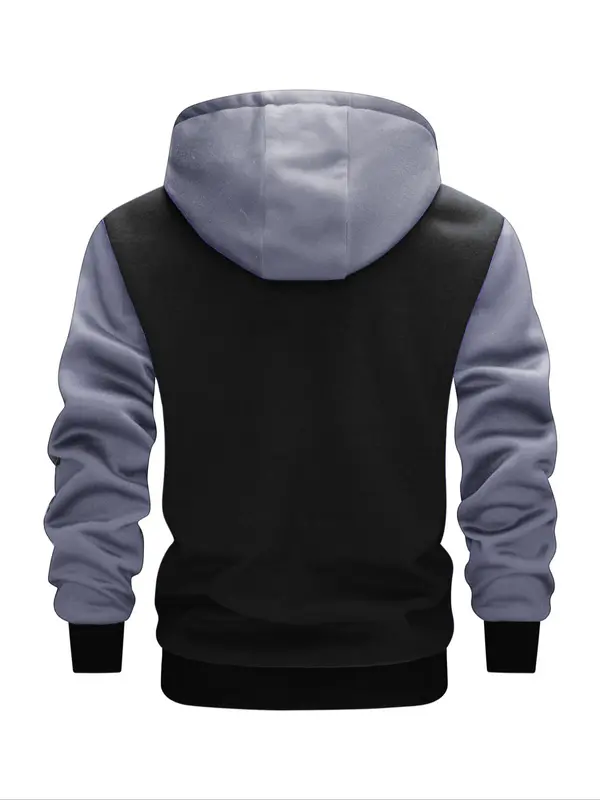 Men's Colorblock Letter Print Drawstring Button Front Hooded Jacket, Regular Fit Casual Pocket Long Sleeve Outerwear For Spring & Fall, Men's Clothes For Daily Wear 4