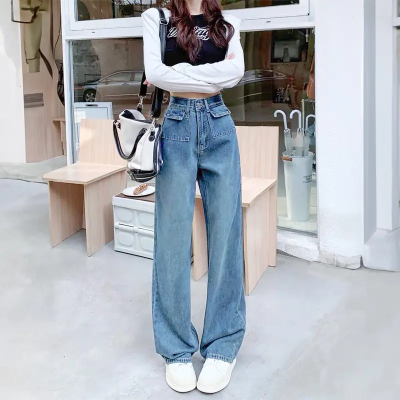 ( S - XL ) Jeans cạp cao túi hộp trơn 2 màu nhạt đậm 1192 6