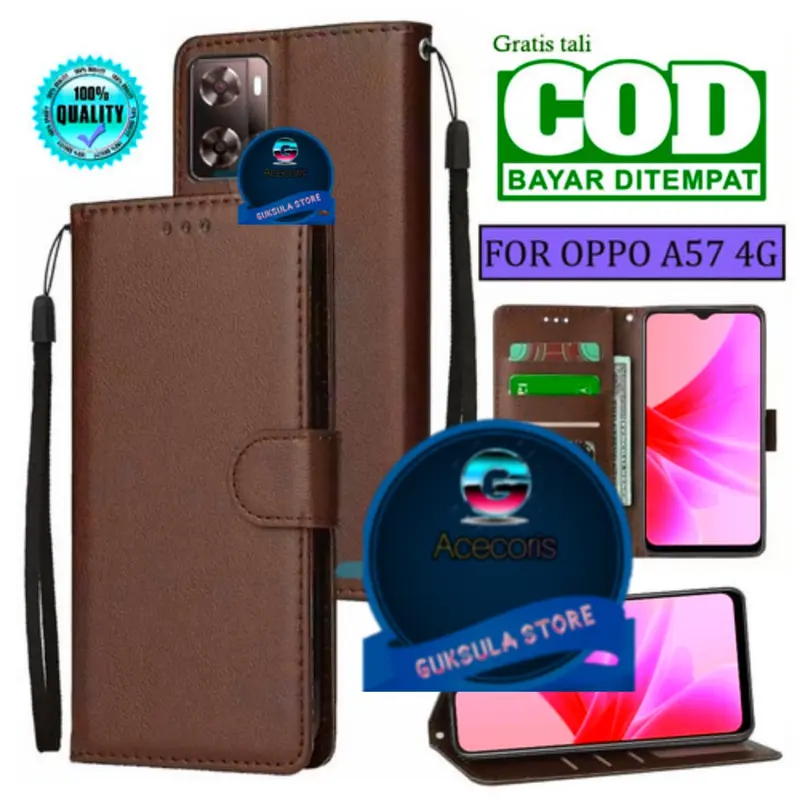 LEATHER CASE FLIP UNTUK OPPO A57 2022 -FLIP WALLET CASE KULIT - CASING DOMPET-FLIP COVER LEATHER-SARUNG BUKU HP ponsel protection 3