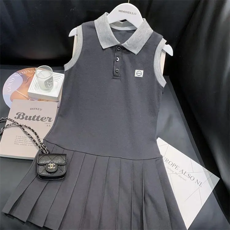 Girls' Summer Clothing Dress 2024 New Western Style Children's Vest Dress Little Girl College Style Casual Polo Skirt
