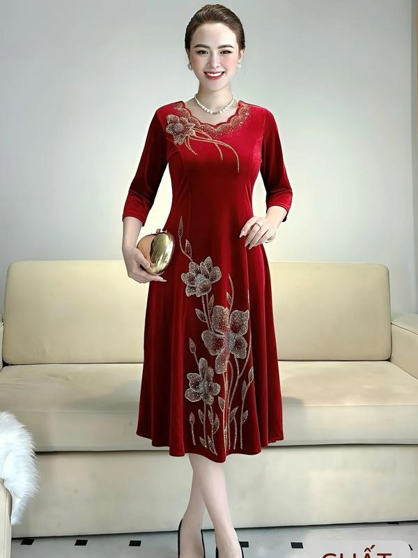  Đầm Trung Niên Dáng  Lửng H684 từ 45-80kg Chất Vải Nhung Ép Dá Đi  Cườm Thủ Công Thanh lịch Nữ Women Dress Màu Đỏ Tua Rua 