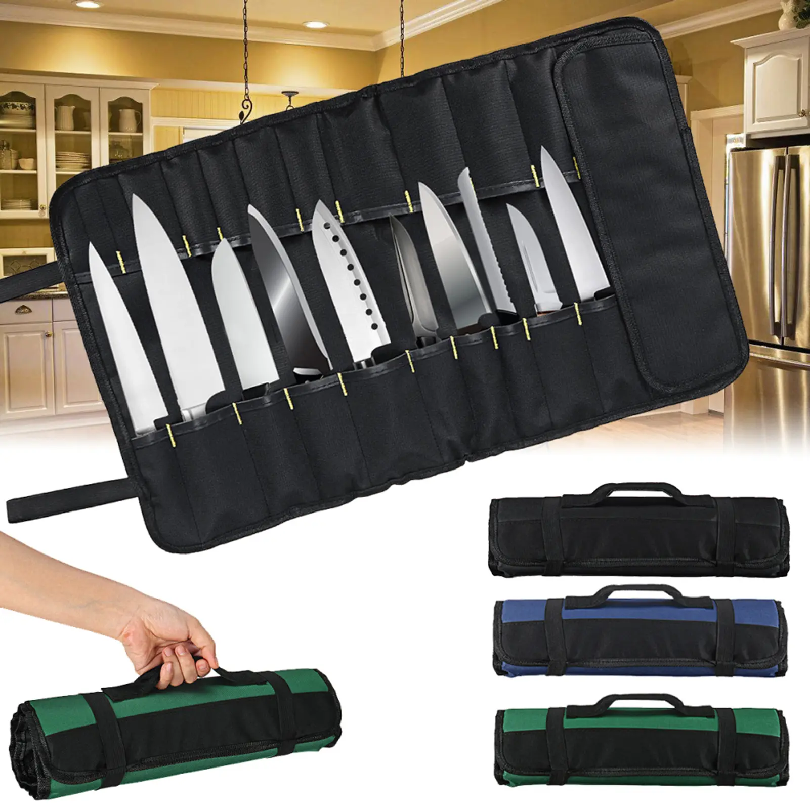 Beg Gulung Pisau Chef Dapur Mudah Alih, 22 Poket, Sarung Penyimpanan Kutleri, [AI] Kitchenware Knife