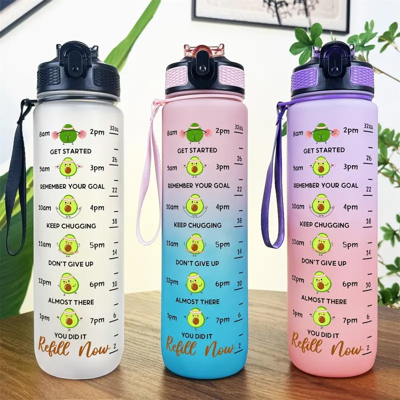 32oz Water Bottle, 1 Count Cartoon Squat Pattern Sports Drinking Bottle with Time Marker, Leakproof Fitness Water Bottle for Home Office Gym Workout, Drinkware 5
