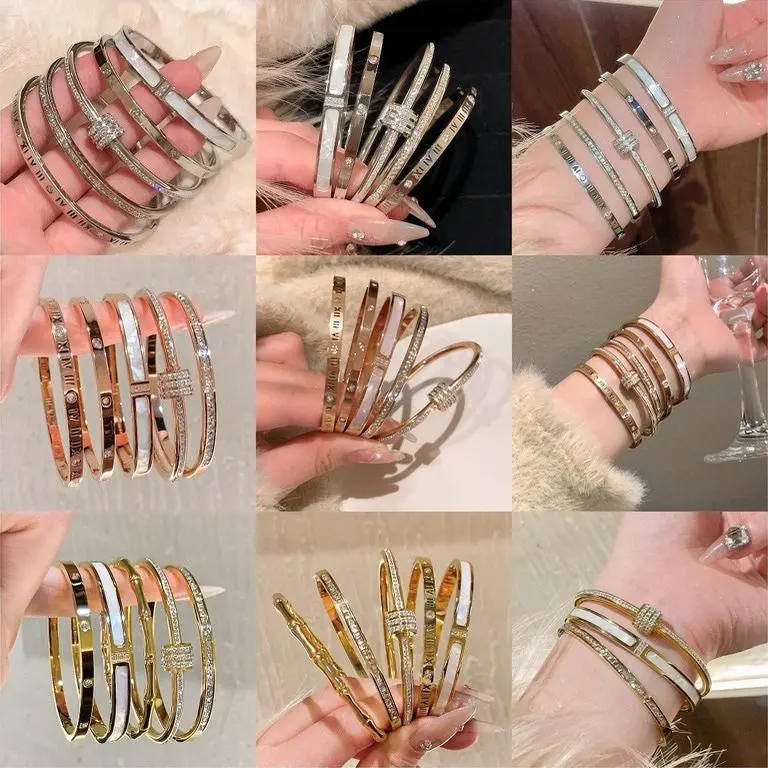 [Starlight Eternal] Titanium Steel Anti-Fade Full Star Full Diamond Bracelet for Women Round Classic Light Luxury Versatile Holiday Gift Jewelry