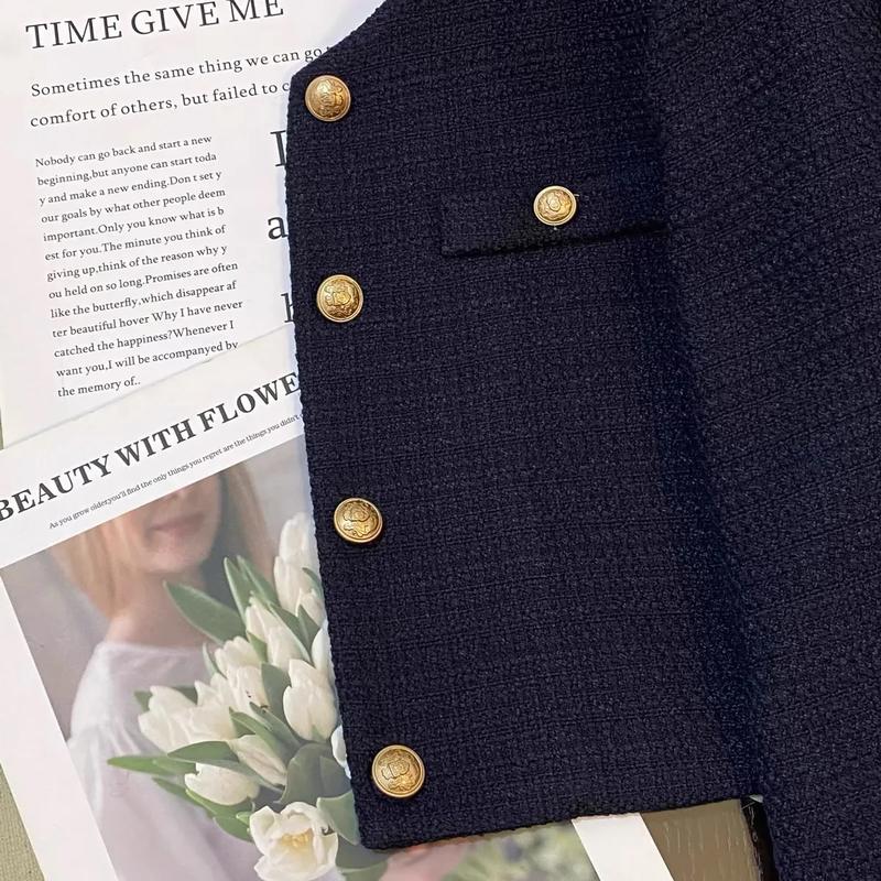 Áo Khoác Vest, Màu Xanh Navy, Dành Cho Nữ, Hàng Mới Về Mùa Thu 2024, Thiết Kế Khâu Thời Trang Pháp, Phong Cách Nữ Thần Thanh Lịch, Áo 1
