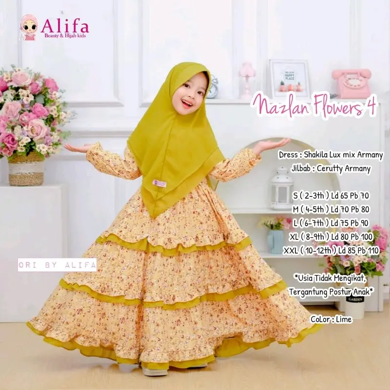 Nazlan Vol 4&7 Gamis Anak perempuan bestseller Bunga Alifa Kids Dress Shakila Rempel Muslim Motif Syari 3