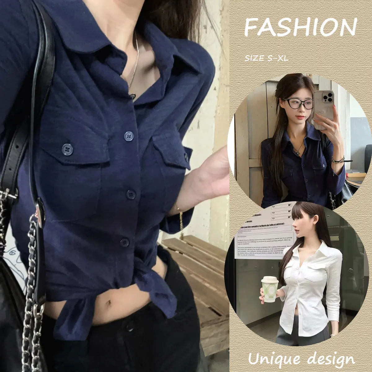 Croped Shirt Top Lapel Blouse for Women Long-sleeved Slim Autumn Korean Style Casual Single Breasted Shirt#w477 Lady