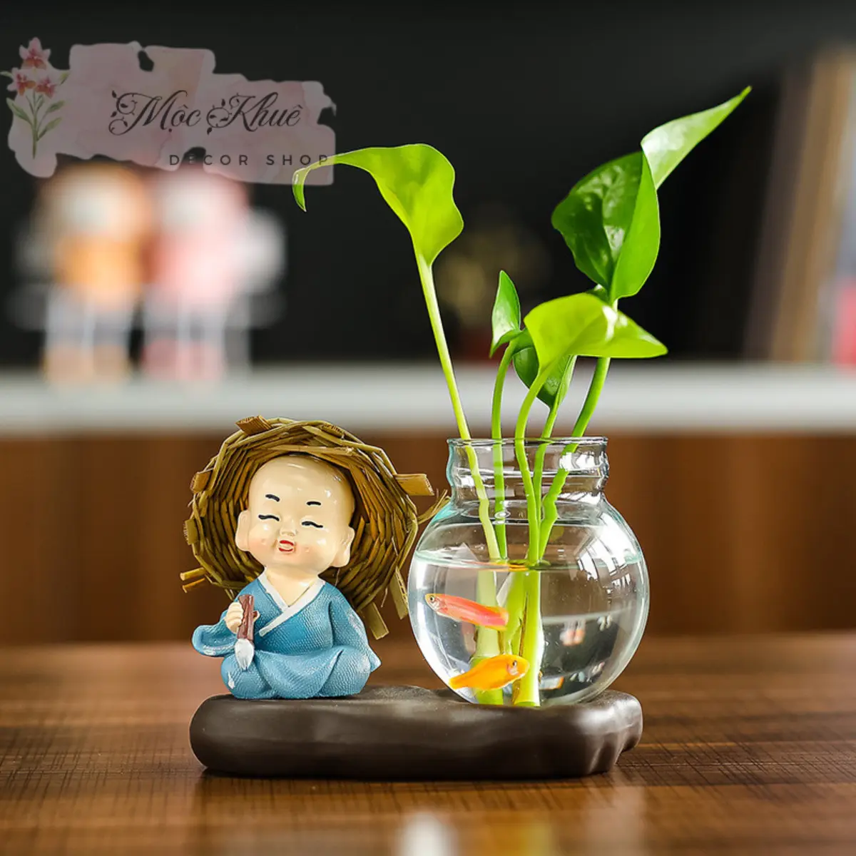 Bộ 4 Tượng Chú Tiểu Đội Nón Rơm Kèm Bình Thủy Sinh Trồng Cây Biểu Cảm Dễ Thương Để Bàn Trang Trí Góc Làm Việc ( không kèm cây) Decor Thủy Tinh Decor Phòng Trang Trí Nhà
