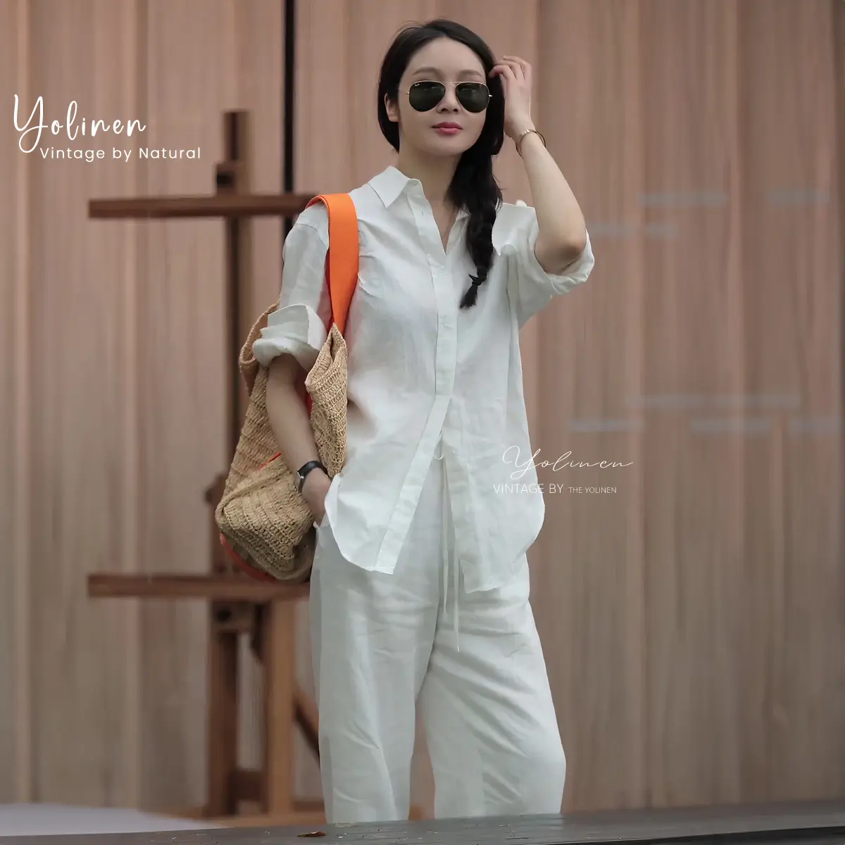 Set áo sơ mi quần dài YOLINEN áo sơ mi trắng nút sau và quần dài ống rộng trẻ trung BSM03
