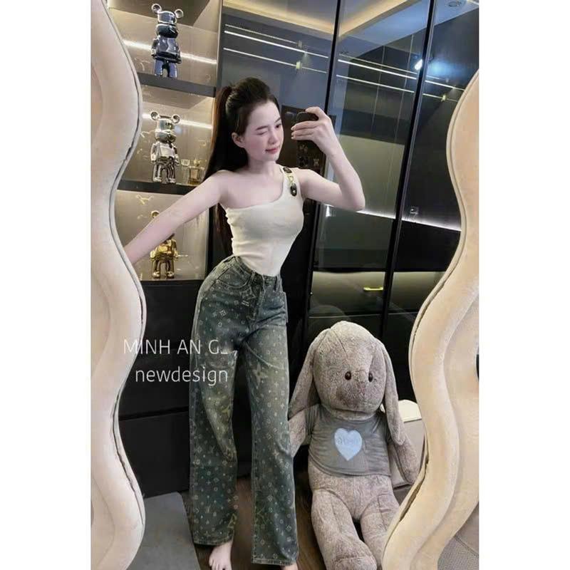Quần Bò Jeans Nữ họa tiết sang chảnh Dáng Suông Lưng Cao Tôn Dáng  Cao Cấp Women 0
