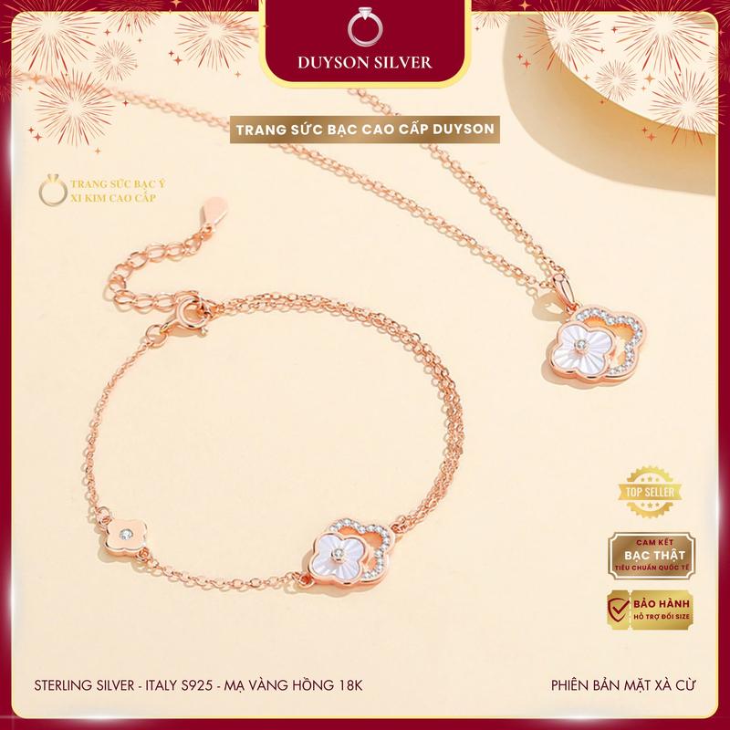 Dây chuyền bạc Ý mạ vàng hồng 18K Duyson Silver, Vòng tay cỏ 4 lá khảm xà cừ cao cấp