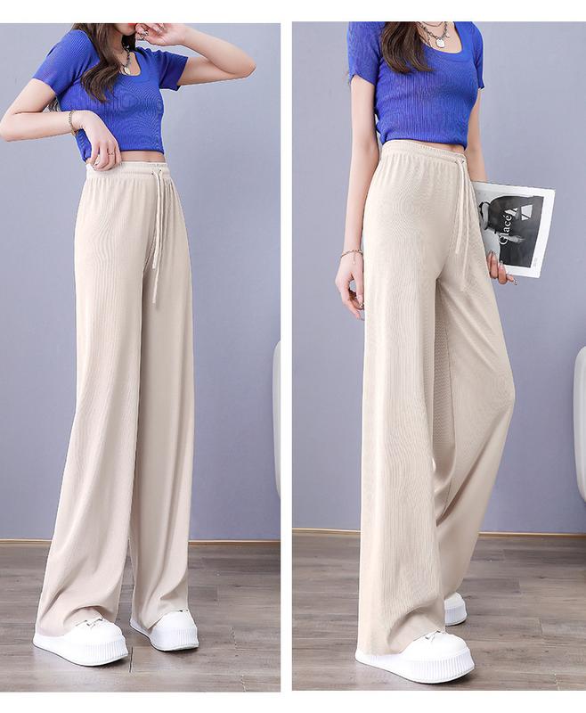 Product Introduction of Ice Silk Wide-Leg Pants Women's 2024 Summer Thin High Waist Drooping Slim Anti-Mosquito Casual Loose Straight Mop Trouser Womenswear Bottom Lingerie 25
