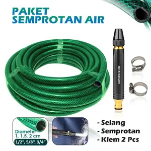 Paket Selang Alat Cuci Motor Set - Selang Serat Benang Hijau - Semprotan Nosel Upgrade - Free Klem