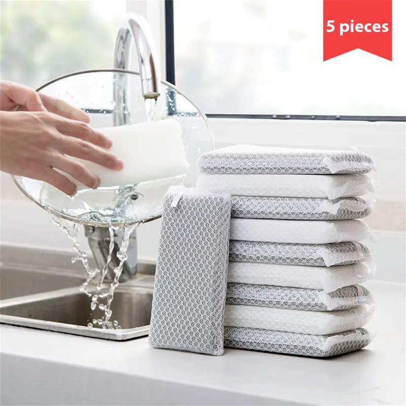 Miếng Bọt Biển Làm Sạch Gia Đình, 5 Cái, Miếng Cọ Rửa, Dày, Vải Làm Sạch, Dụng Cụ Vệ Sinh Nhà Bếp Gia Đình, Phụ Kiện Rửa Bát Rửa Chén 0