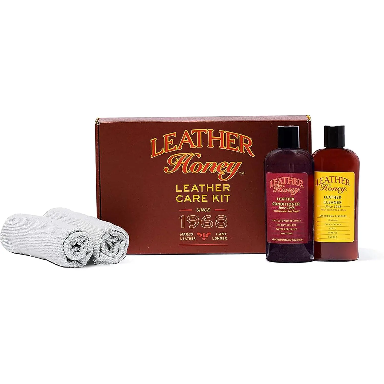 Complete Leather Care Kit Including Leather Conditioner (8 oz), Leather Cleaner (8 oz) and Two Applicator Cloths for use on Leather Apparel, Furniture, Auto Interiors, Shoes, Bags