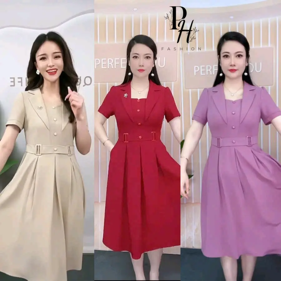 Đầm trung niên cho mẹ cổ VEST sang trọng, Váy công sở chất vải Lụa Pháp - VEST