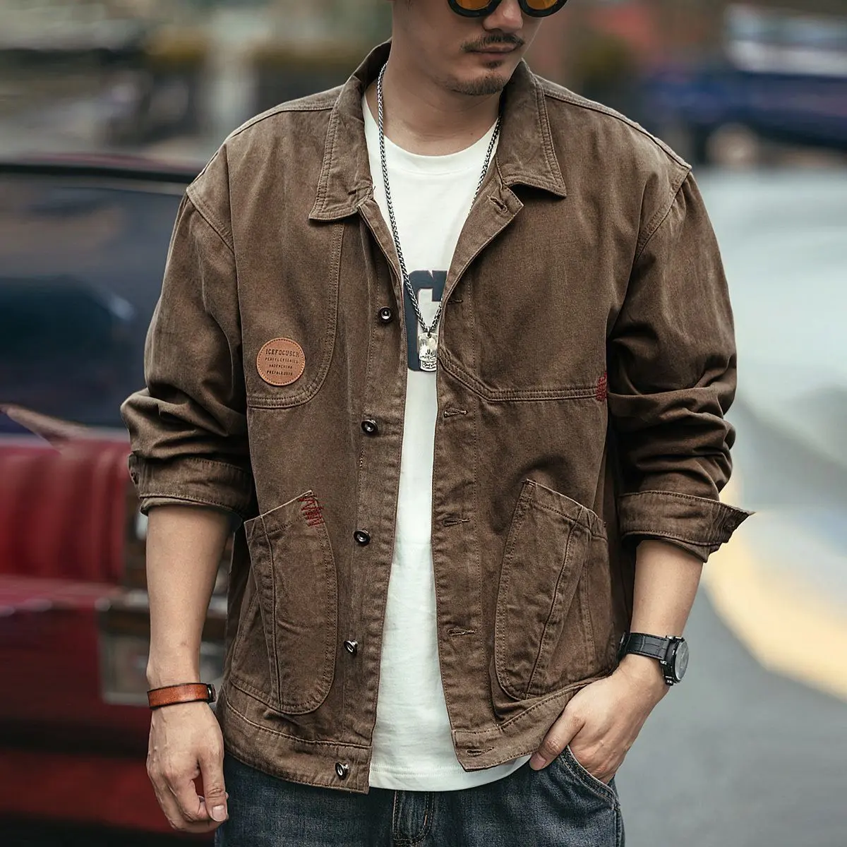 Áo Khoác Denim, Phong Cách Mỹ Cổ Điển Dễ Phối Đồ Thích Hợp Cho Trang Phục Bảo Hộ Lao Động, Thời Trang Xuân Thu Cho Nam, Dáng Rộng Thường Ngày Phong Cách Safari, Thêu, Áo Khoác Phong Cách Hàn Quốc Menswear Jacket