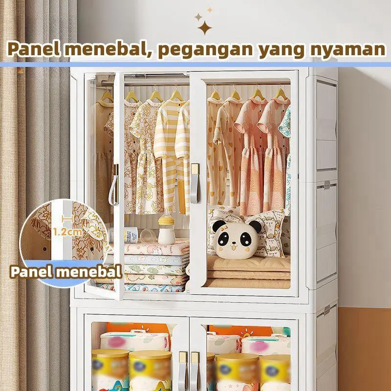 Lemari Pakaian Multifungsi Lemari penyimpanan kebutuhan sehari-hari Lemari makanan ringan Lemari Rumah Lemari Mainan Dapat dilipat  Tanpa Instalasi Roda 360  Pintu Plastik Furniture rak kaca 6