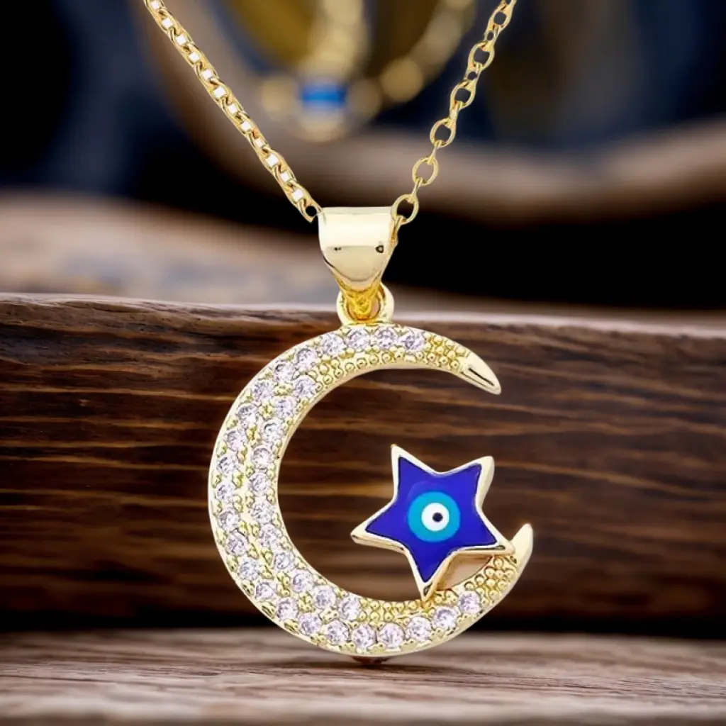 Moon And Star Pendant Necklace, Low-Temperature Enamel Necklace, Ladies' Necklace With Rhinestones, Gemstone Necklace