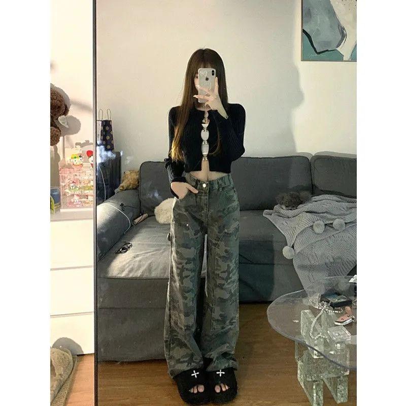Quần Dài Bò Rằn Ri, Phong Cách Bảo Hộ Lao Động Cổ Điển Dành Cho Nữ, Cạp Cao, Thẳng Và Rộng Rãi, Quần Ống Rộng Thường Ngày Hợp Xu hướng, Phong Cách Âu Mỹ Thích Hợp Cho Mùa Xuân Và Mùa Hè Women Pants 3