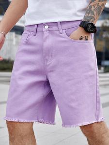 Men's Solid Color Denim Shorts, Loose Casual Comfy Fashion Frayed Edge Short Jeans for Daily Wear, Men's Bottoms for Summer, Cotton
