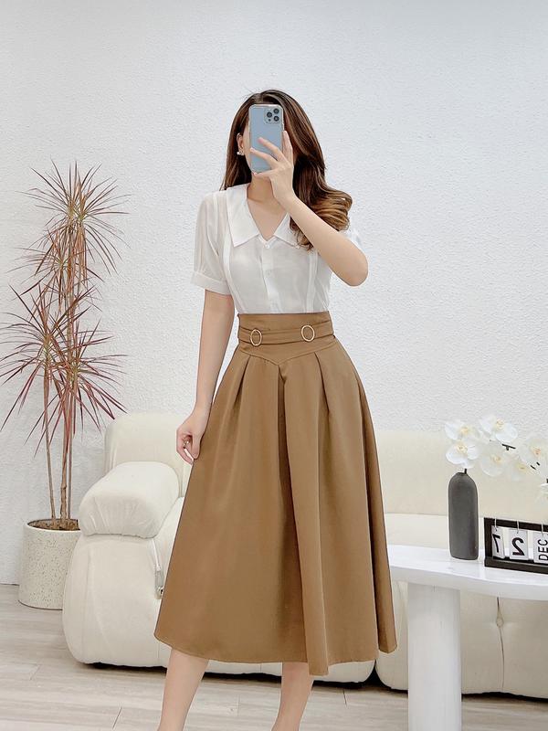  Chân váy Nữ thiết kế NHẬT VY BOUTIQUE công sở dáng dài có phối kiểu khoen ở eo dập ly xoè nhẹ 3 màu phù hợp phối đồ - D2466 Nhung Women 