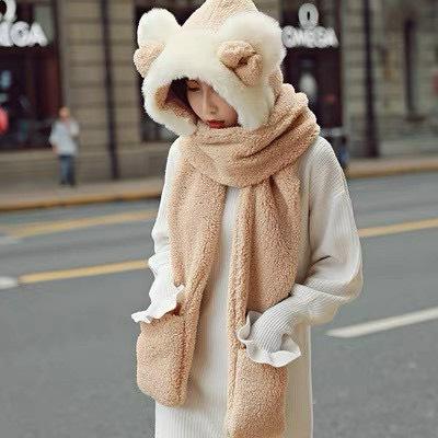 Mũ len trùm đầu tai thỏ khăn quàng cổ có mũ và găng tay hàn quốc