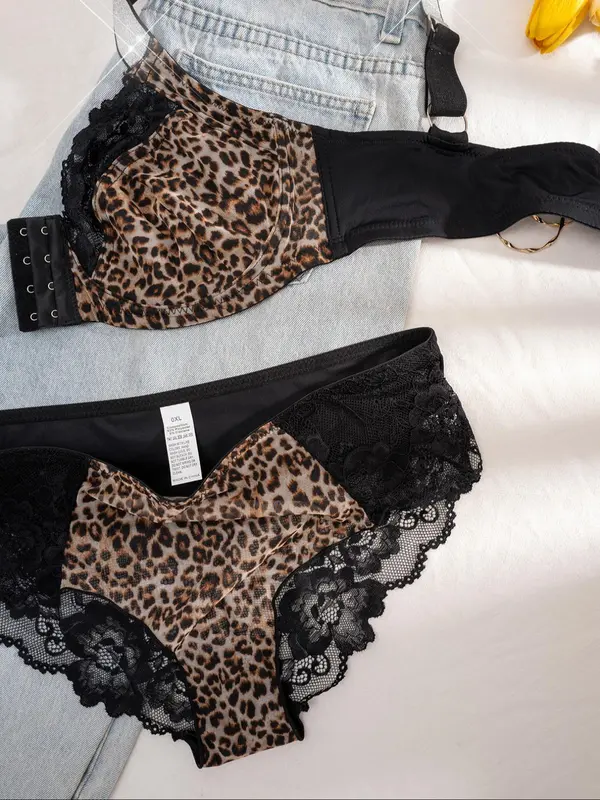 【Plus Size】 Leopard Print Underwire Bra & Panty Two-Piece Set, Elegant Comfy Breathable Lingerie Set for Daily Wear, Women's Underwear Set for All Seasons 5
